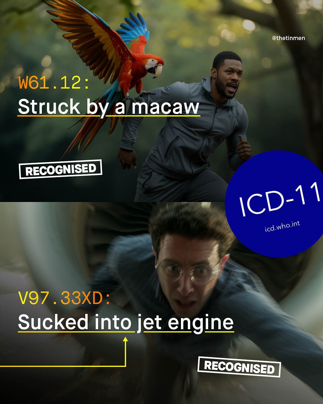 @thetinmen W61 12 : Struck by a macaw RECOGNISED icd whoint V97 33XD : Sucked into jet engine RECOGNISED ICD-11