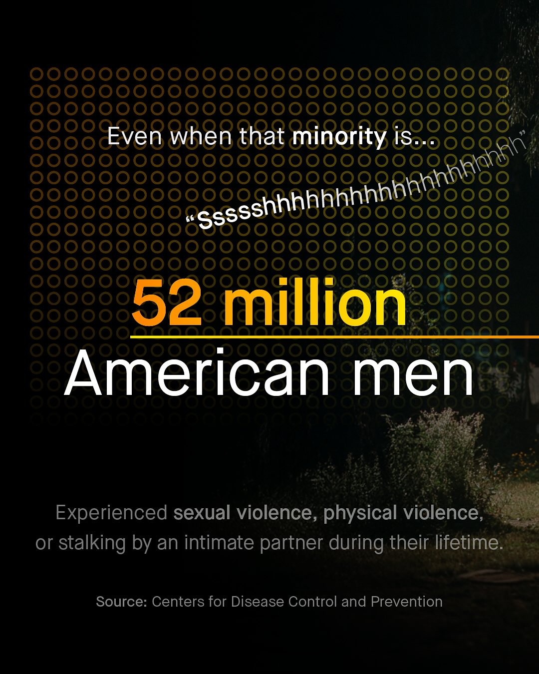 ven when that minority is 52 million American men Experienced sexual violence, physical violence, or stalking by an intimate partner during their lifetime: Source: Centers for Disease Control and Prevention SsssshhhF hhhhhhl