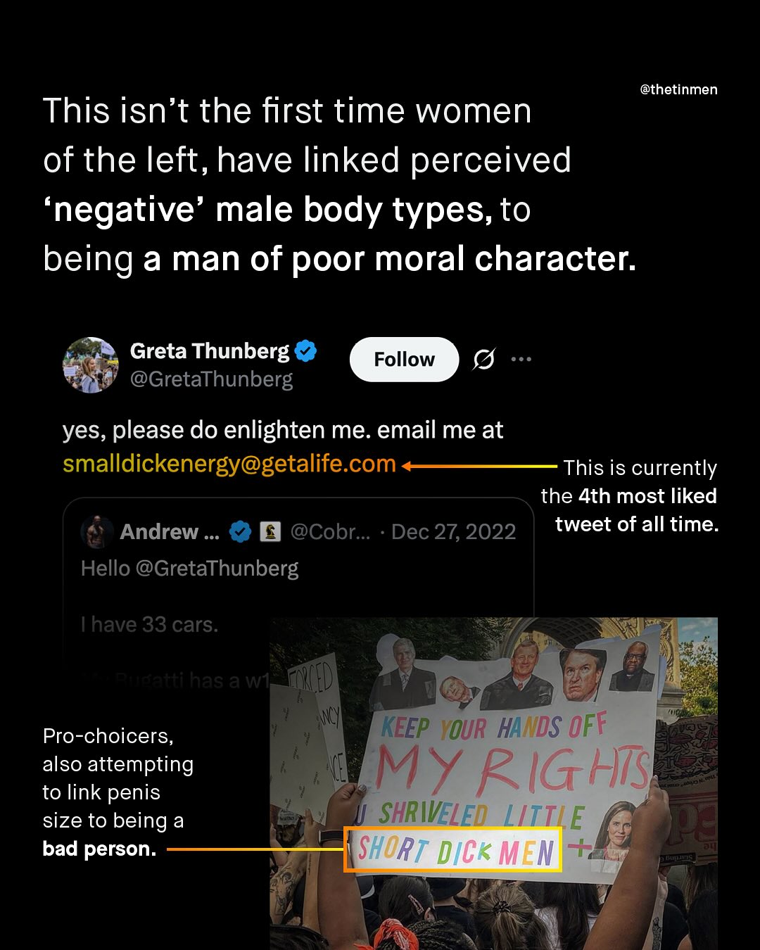 @thetinmen This isn't the first time women of the left, have linked perceived 'negative male body types,to being a man of poor moral character: Greta Thunberg @GretaThunberg Follow yes, please do enlighten me. email me at smalldickenergy@getalife.com This is currently the 4th most liked Andrew @Cobr. Dec 27, 2022 tweet of all time. Hello @GretaThunberg have 33 cars Atcattihas a WT IED MNCY Pro-choicers, KEEP YOUR HANDS OFF also attempting MY RIGhTS to link penis size to being a SHRIVELED_LITTLE bad person. SHORT DICk MEN