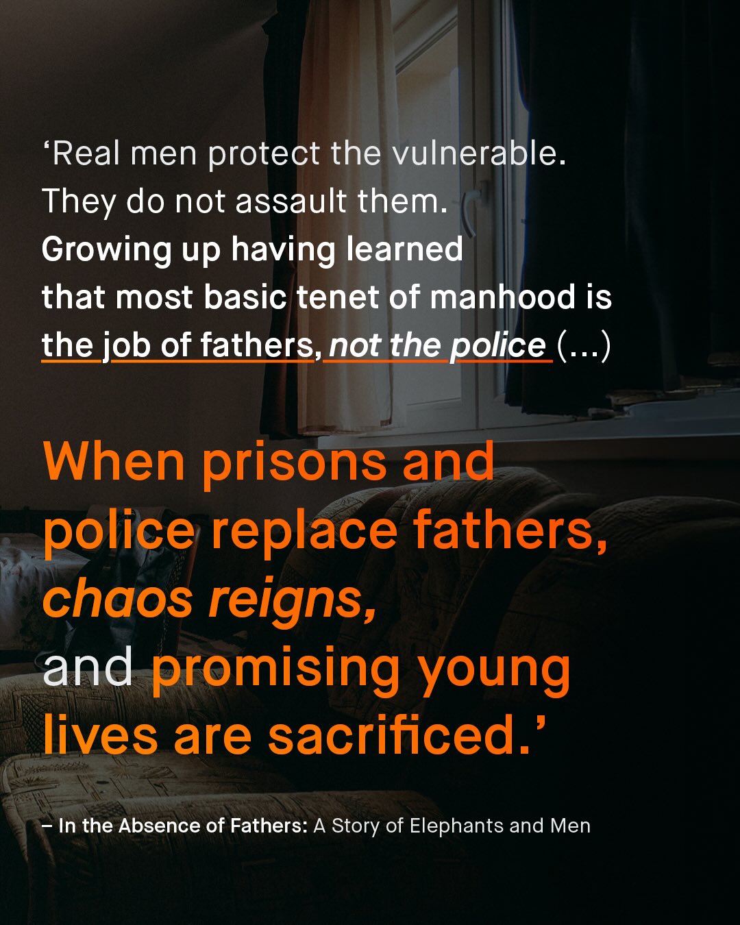 'Real men protect the vulnerable: They do not assault them: Growing up having learned that most basic tenet of manhood is the job of fathers,not the police ( ..) When prisons and police replace fathers, chaos reigns, and promising young lives are sacrificed ' In the Absence of Fathers: A Story of Elephants and Men