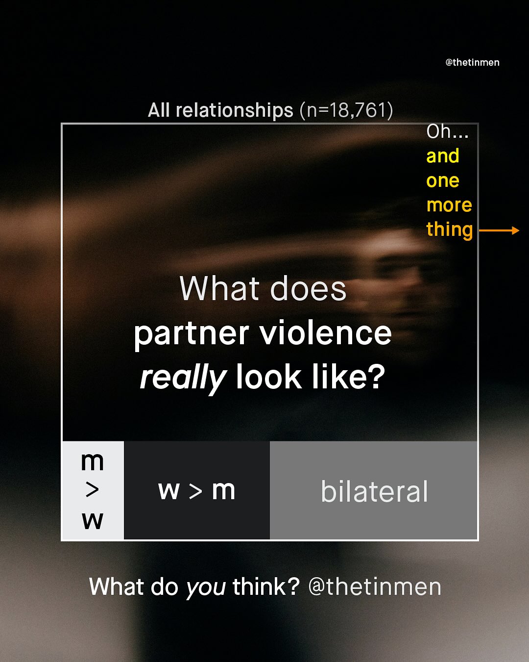 @thetinmen AII relationships (n=18,761) Oh_ and one more thing What does partner violence really Iook like? m w > m W bilateral What do you think? @thetinmen