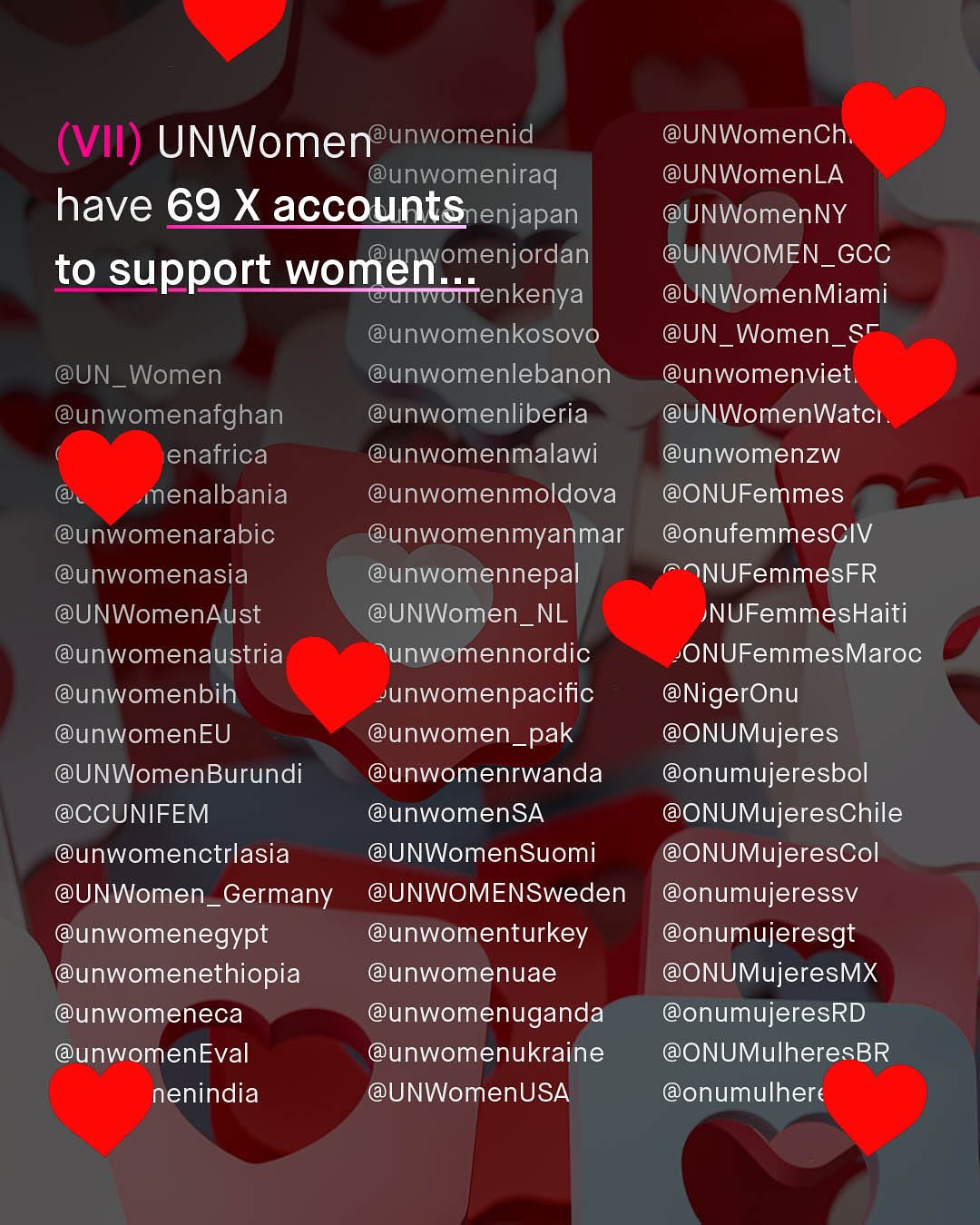 (VII) UNWomen?unwomenid @UNWomenCh_ @unwomeniraq @UNWomenLA have 69 X accountSnenjapan @UNWomenNY @UNWOMEN_GCC to support women?menjodan 'GyW8ittenkenya UNWomenMiami @unwomenkosovo @UN_Women_ST @UN Women @unwomenlebanon @unwomenviet @unwomenafghan @unwomenliberia @UNWomenWatci enafrica @unwomenmalawi @unwomenzw ienalbania @unwomenmoldova @ONUFemmes @unwomenarabic @unwomenmyanmar @onufemmesCIV @unwomenasia @unwomennepal NUFemmesFR @UNWomenAust @UNWomen_NL NUFemmesHaiti @unwomenaustria unwomennordic ONUFemmesMaroc @unwomenbih unwomenpacific @NigerOnu @unwomenEU @unwomen_pak @ONUMujeres @UNWomenBurundi @unwomenrwanda @onumujeresbol @CCUNIFEM @unwomenSA ONUMujeresChile @unwomenctrlasia @UNWomenSuomi @ONUMujeresCol @UNWomen_Germany @UNWOMENSweden @onumujeressv @unwomenegypt @unwomenturkey @onumujeresgt @unwomenethiopia @unwomenuae @ONUMujeresMX @unwomeneca @unwomenuganda @onumujeresRD @unwomenEval @unwomenukraine @ONUMulheresBR nenindia @UNWomenUSA @onumulher