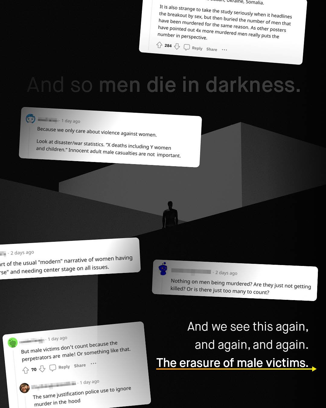 Uktaine Somalia It is also strange to take the the breakout by sex bue thenstae seriously - when it = buried the headlines have been murdered for number of men that have pointed the same reason: As other Out Ax more murdered posters number in perspective. men really puts the 284 Reply Share And so men die in darkness. day ago Because we only care about violence against women; Look at disaster/war statistics "X deaths and children:' including 'Innocent adult male women casualties are not important: days ag0 of the usual "modern" narrative of women having rt se" and needing center stage on all issues. days ag0 Nothing on men being murdered? Are they killed? Or is there just not getting just too many - to count? And we see this again, and again,and again. The erasure of male victims day ago don" count male victims because tike that: But malel Or something perpetrators are Reply Share 70 day ago police use to ) ignore same_ justification The murder in the hood