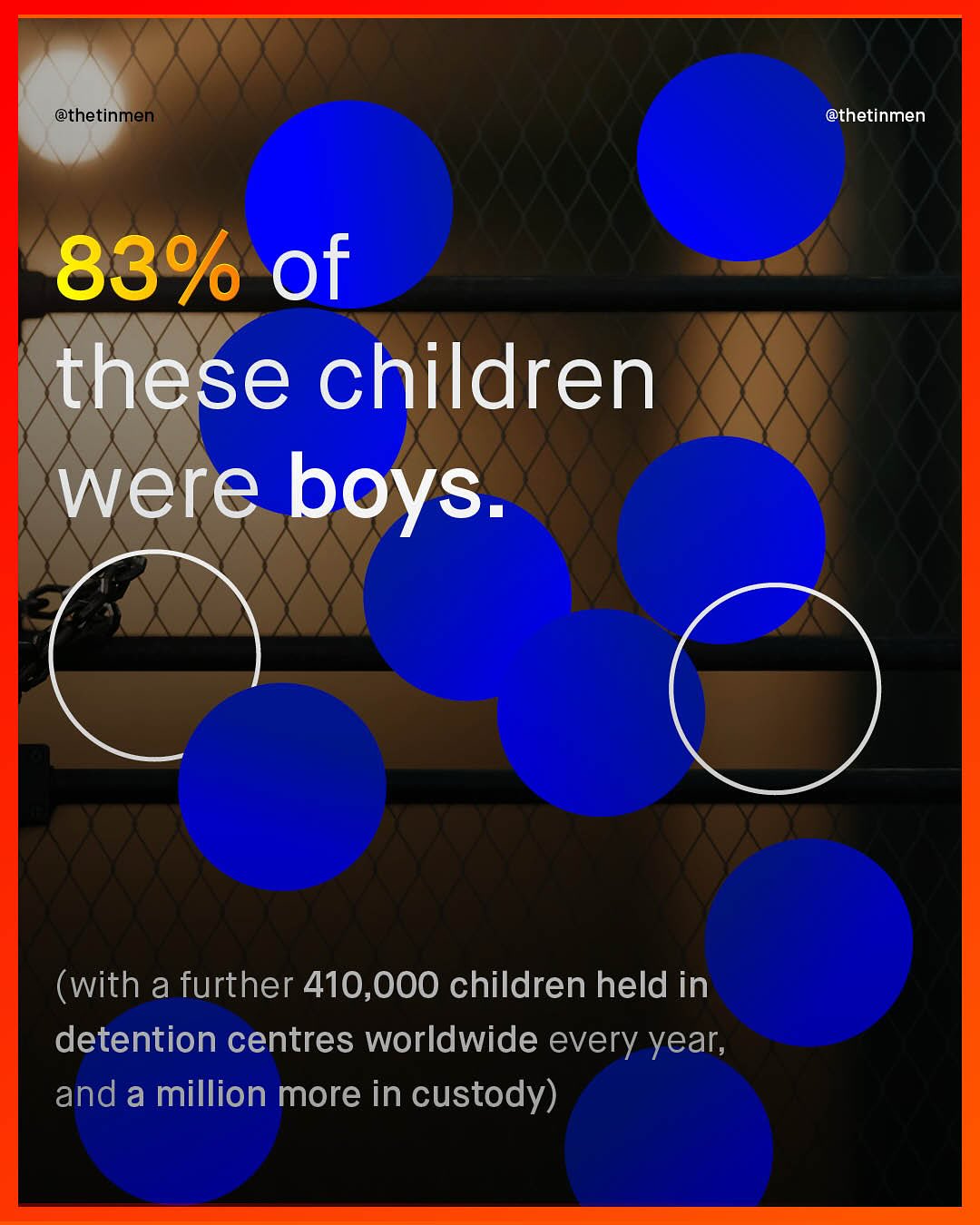 @thetinmen @thetinmen 83% of these children were boys: (with a further 410,000 children held in detention centres worldwide every year; and a million more in custody)