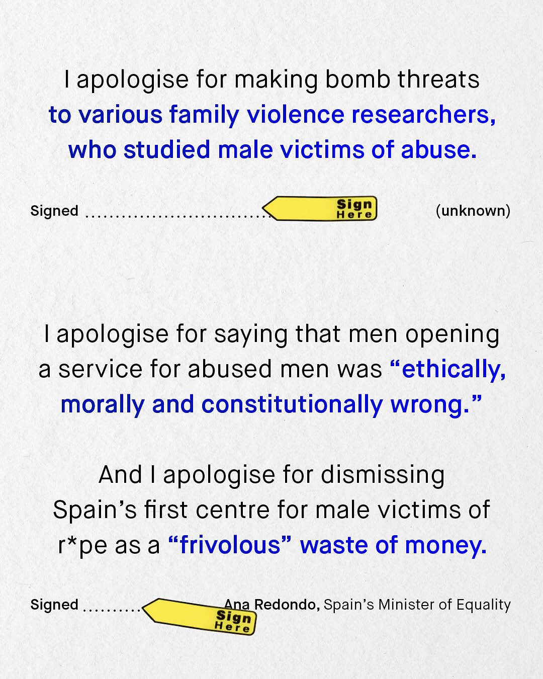 apologise for making bomb threats to various family violence researchers, who studied male victims of abuse. Signed Ege (unknown) apologise for saying that men opening a service for abused men was "ethically, morally and constitutionally wrong: And apologise for dismissing Spain's first centre for male victims of r*pe as a "frivolous" waste of money: Signed Ana Redondo, Spain's Minister of Equality Sign Here