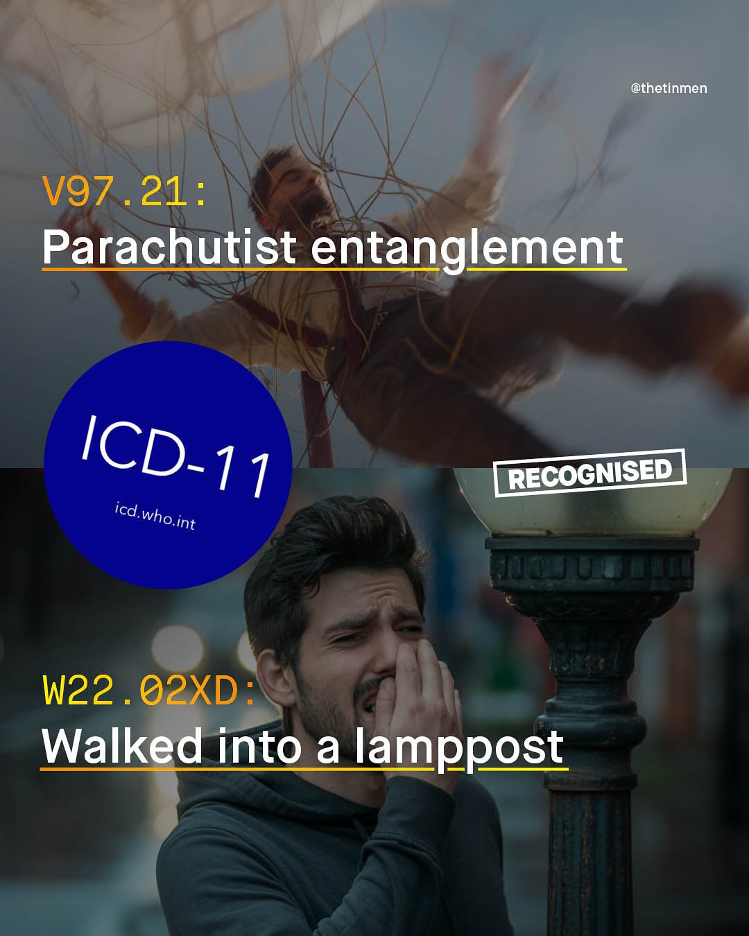@thetinmen V97 21: Parachutist entanglement ICD-1- 1 icd. who.int RECOGNISED_ W22 . O2XD : Walked into a lamppost