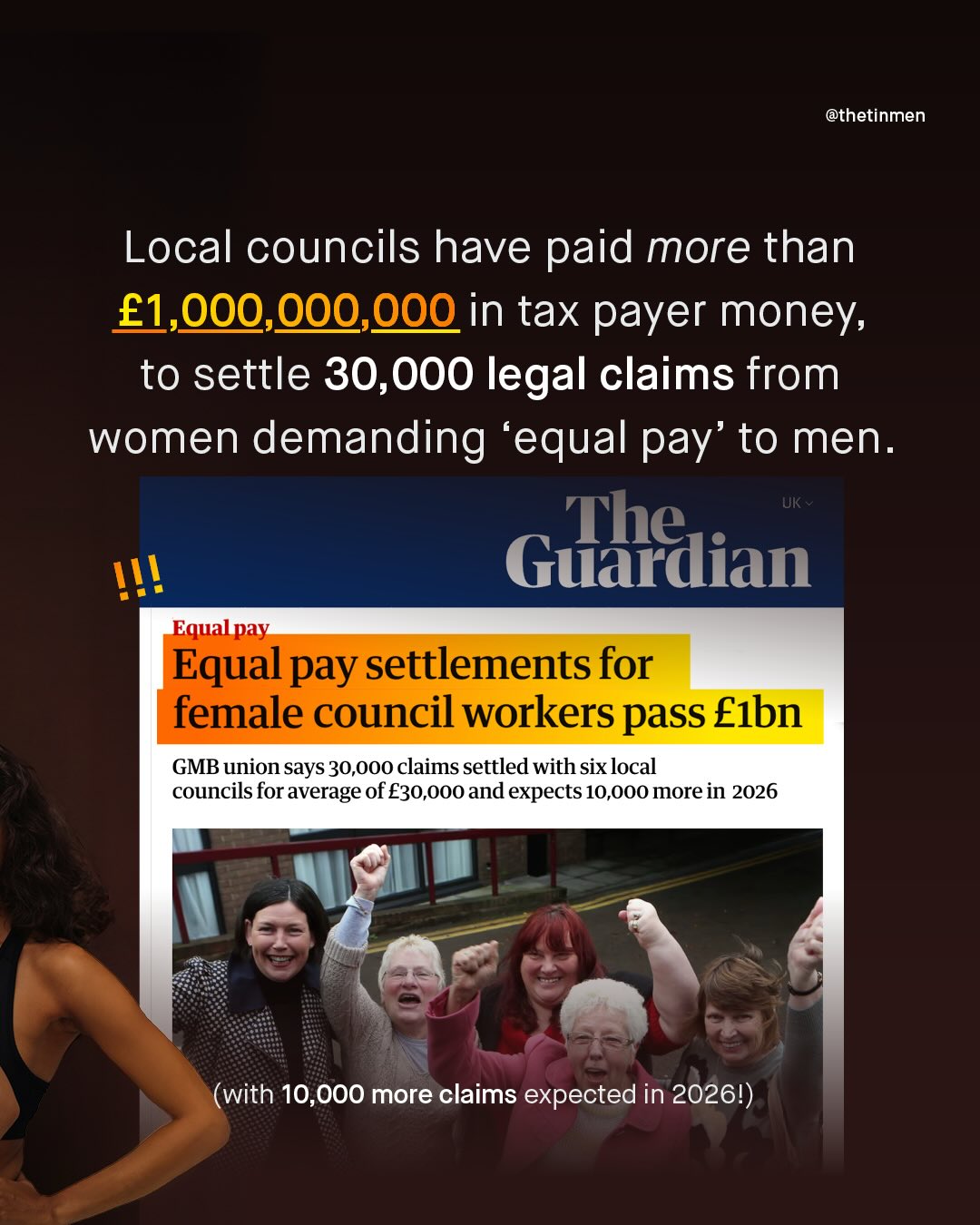 @thetinmen Local councils have paid more than E1,000,000,000 in tax payer money; to settle 30,000 legal claims from women demanding 'equal pay' to men UK Guhaian Equalpay Equalpay settlements for female council workers pass Elbn GMB union says 30,000 claims settled with six local councils for average of E30,000 and expects 10,000 more in 2026 (with 10,000 more claims expected in 20261)