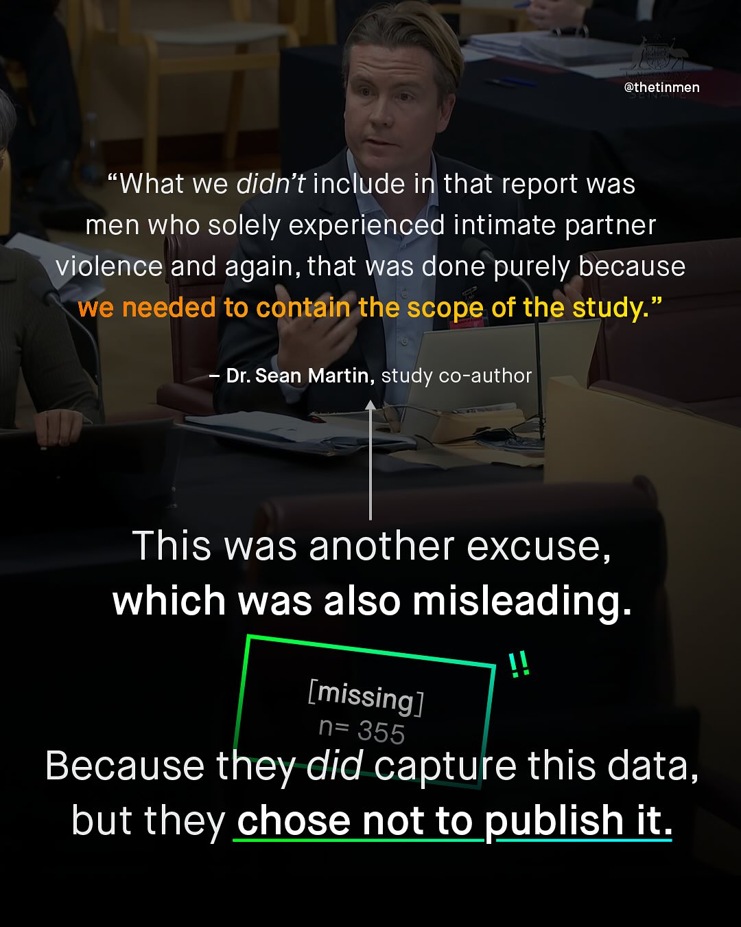 @thetinmen "What we didn't include in that report was men who solely experienced intimate partner violence and again, that was done purely because we needed to contain the scope of the study:" Dr: Sean Martin, study co-author This was another excuse, which was also misleading: [missing] n= 355 Because they did capture this data, but they chose not to publish it_