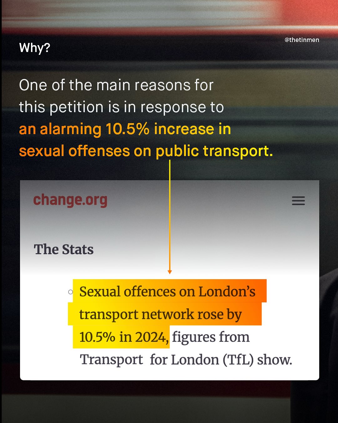 @thetinmen Why? One of the main reasons for this petition is in response to an alarming 10.5% increase in sexual offenses on public transport. change org The Stats Sexual offences on Londons transport network rose by 10.5% in 2024, figures from Transport for London (TfL) show
