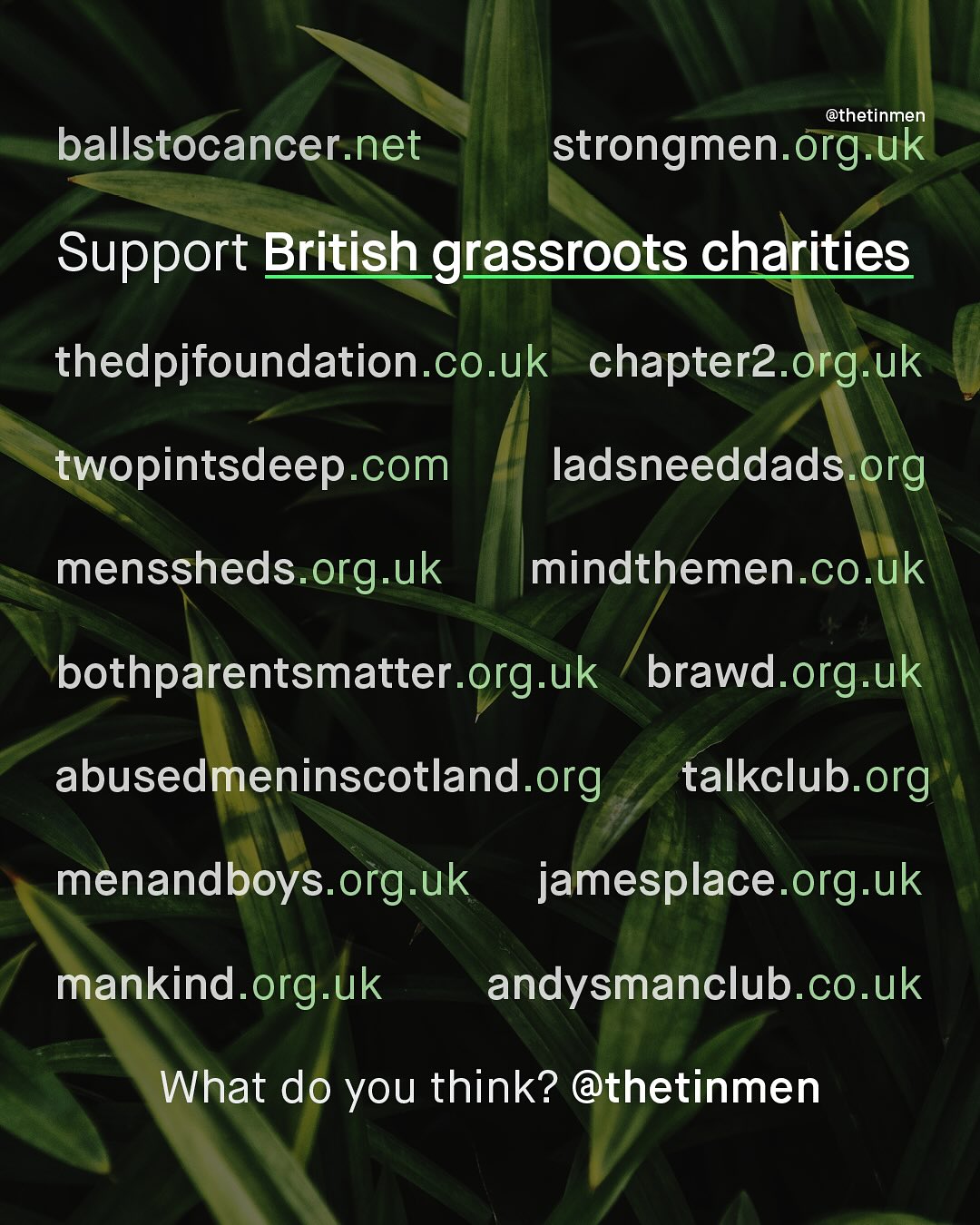 @thetinmen strongmen:org.uk ballstocancer.net Support British grassroots charities thedpjfoundation.co.uk chapter2 org uk twopintsdeep.com ladsneeddads org menssheds org uk mindthemen.Co.uk bothparentsmatter.org uk brawd.org uk abusedmeninscotland.org talkclub.org menandboys org.uk jamesplace org.uk mankind.org.uk andysmanclub co.uk What do you think? @thetinmen