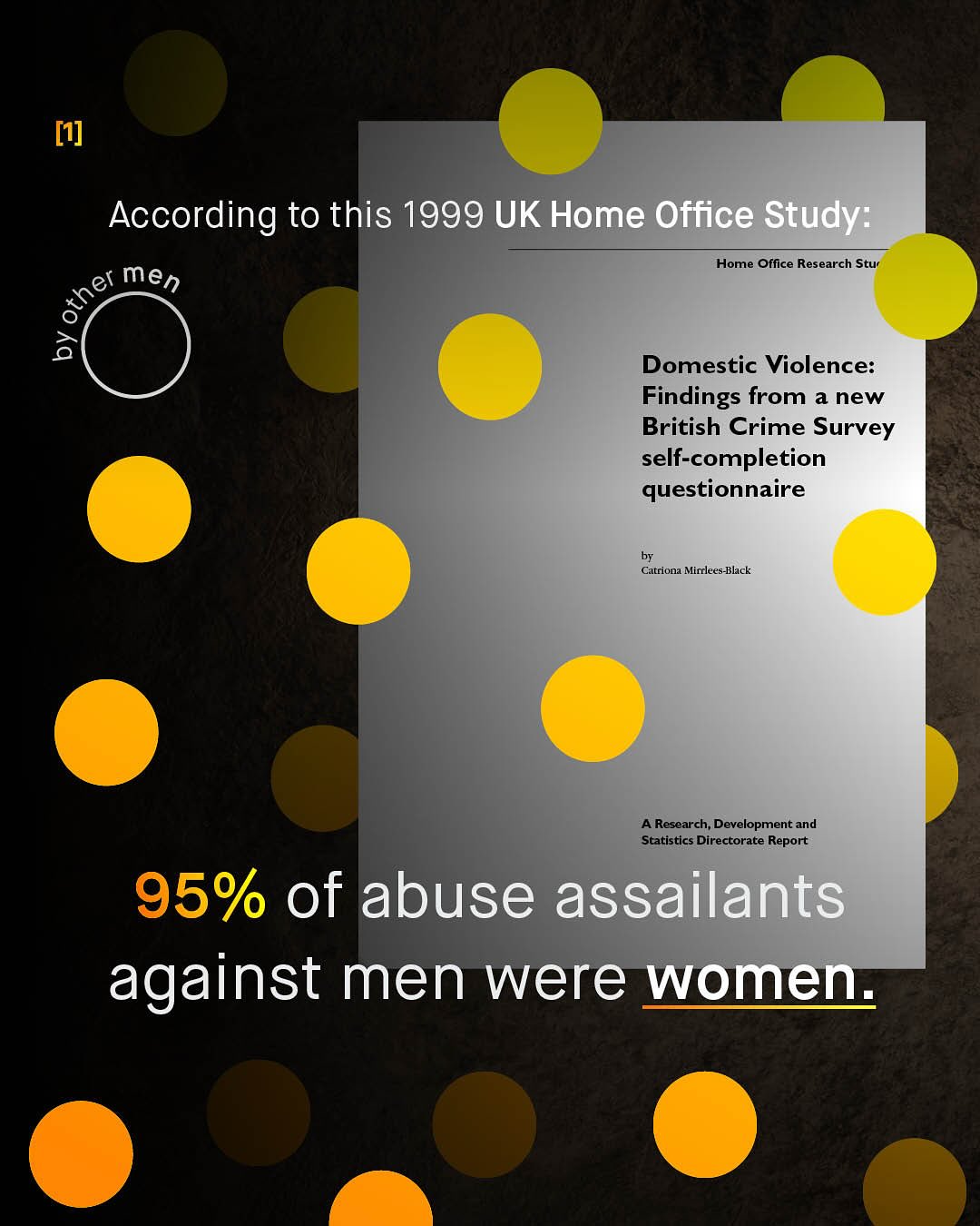 [1] According to this 1999 UK Home Office Study: men Home Office Research Stue sther 0 6 Domestic Violence: Findings from a new British Crime Survey self-completion questionnaire Catriona Mirrlees-Black A Research; Development and Statistics Directorate Report 95% of abuse assailants against men were women: