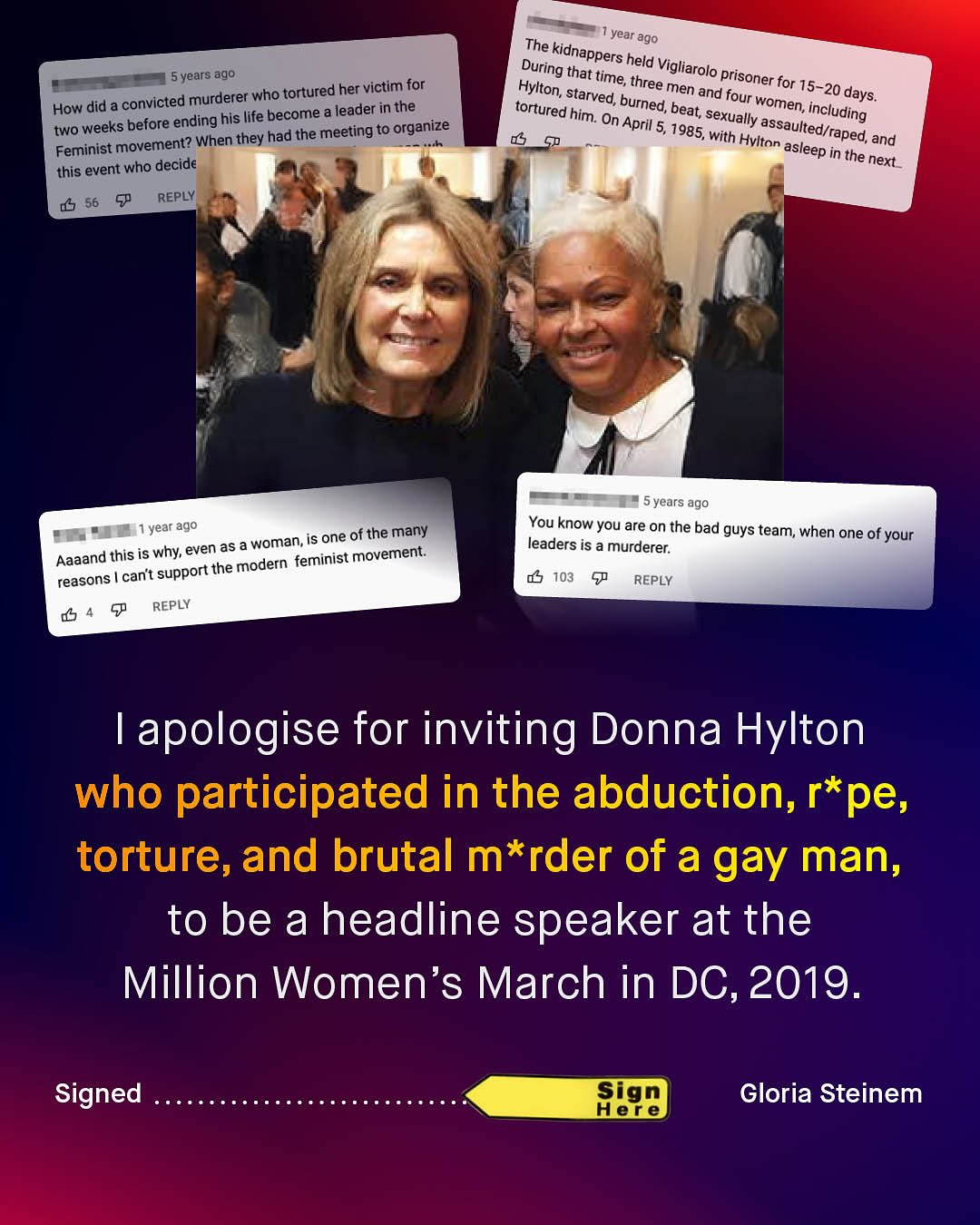 The year ag0 kidnappers During held - that- time; Vigliarolo Hylton, three prisoner men and for starved, ' four ` '15-20 burned, women; days: tortured him. beat; sexually ,including On April 5,1985, assaulted /raped, with Hvlton, asleep and in the next years ag0 who tortured her victim for How did a convicted murderelifebecomeea leader in the two weeks before ending his the meeting to organize Feminist = movement? When they had this event who decide 56 5 REPLY 5 years ago year ag0 is one of the many why; even as a woman; Aaaand this is feminist movement: cant support the modern reasons Sp REPLY You know you are on the bad guys team, when one of your leaders is a murderer 103 Sp REPLY 1 apologise for inviting Donna Hylton who participated in the abduction, r*pe, torture, and brutal m*rder of a gay man, to be a headline speaker at the Million Women's March in DC,2019. Signed Sign Her e Gloria Steinem