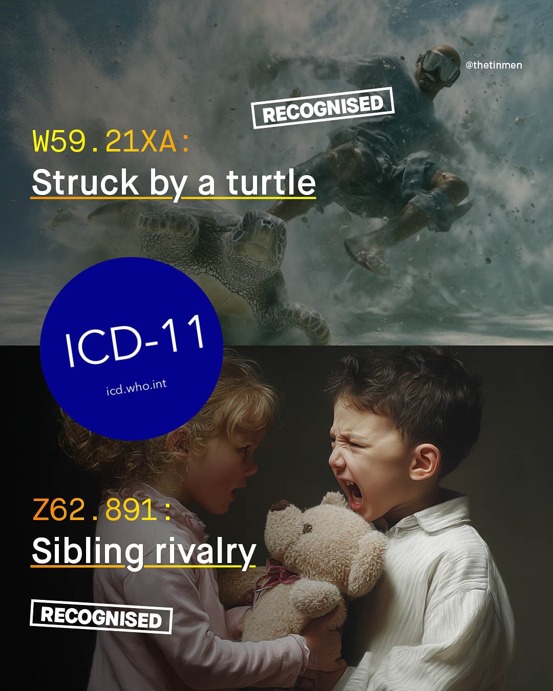 @thetinmen RECOGNISED W59 21XA : Struck by a turtle icd.who Lint Z62 891 : Sibling rivalry RECOGNISED ICD-11