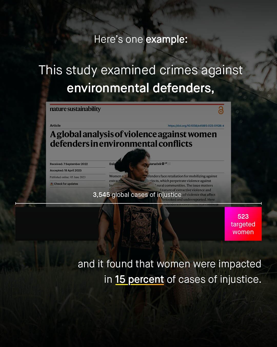 Here's one example: This study examined crimes against environmental defenders, natlre sustainability Article htrps Iidol.org/10,1038/241893-023-01126-4 Aglobal analysisofviolenceagainst women defendersinenvironmentalconflicts Received: 7 September 2022 Dal Janaceko 4 Accepted: 18 April 2023 Publishexl clina: W5 June 20123 Women e extrac efenders face retaliation for mobilizing against ~iects,which perpetrate violence against rural communities. The issue marters nature of extracrive violenceand 3,545 global cases of injustice ofvolence thacaffect erlooked and underreported: Here Checkfor updates 523 targeted women and it found that women were impacted in 15percent of cases of injustice: