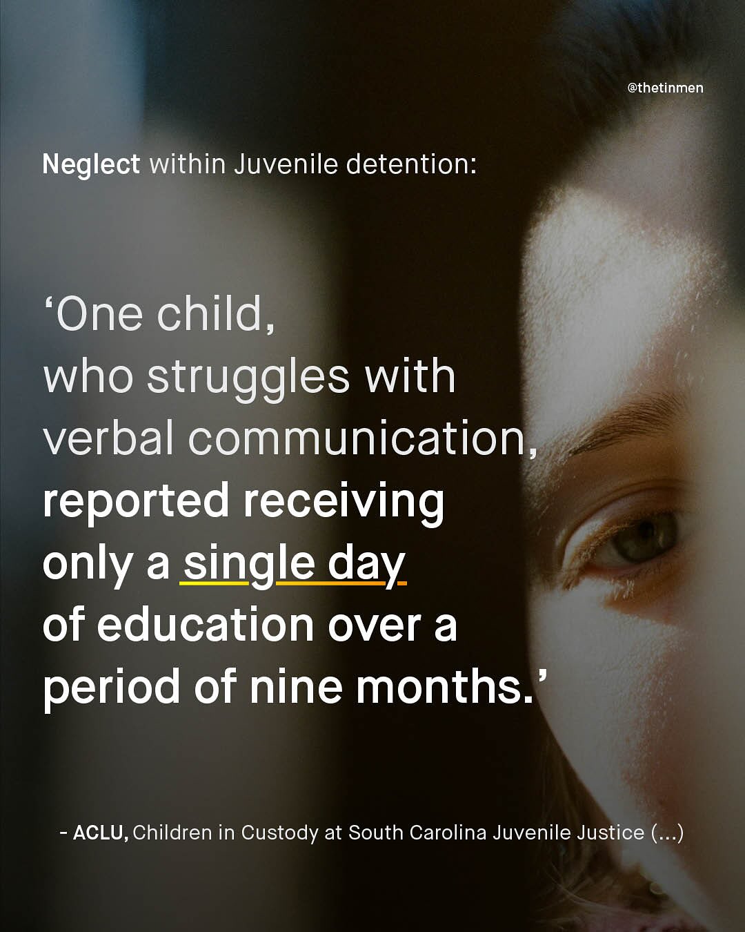 @thetinmen Neglect within Juvenile detention: 'One child, who struggles with verbal communication, reported receiving only a single day of education over a period of nine months ACLU, Children in Custody at South Carolina Juvenile Justice (..)
