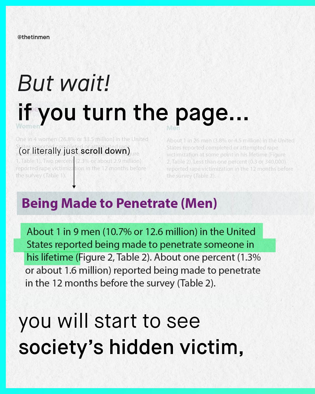 @thetinmen But waitl if you turn the page. . Womeh- Men One in 4 women (26.8 ' O1 33.5 million) in the United About in 26 men (3.80a 0r 45 million) in the Uniled (or literally just scroll down) r States reported completed or attempted rape ictimization al some pointin his lifetima Fiqure Table |)To nercen (2.3% 0rabout 2 9 million) 2Table _ , Less than one percent 0.3 0 340 0OO) reparted rape victimiz tion in the 12 months before ported rape victimization inthe 12 months before the suivey ( Table | the survev (Table 21. Being Made to Penetrate (Men) About 1 in 9 men (10.7% or 12.6 million) in the United States reported being made to penetrate someone in his lifetime (Figure 2, Table 2). About one percent (1.3% or about 1.6 million) reported being made to penetrate in the 12 months before the survey (Table 2). you will start to see society's hidden victim,
