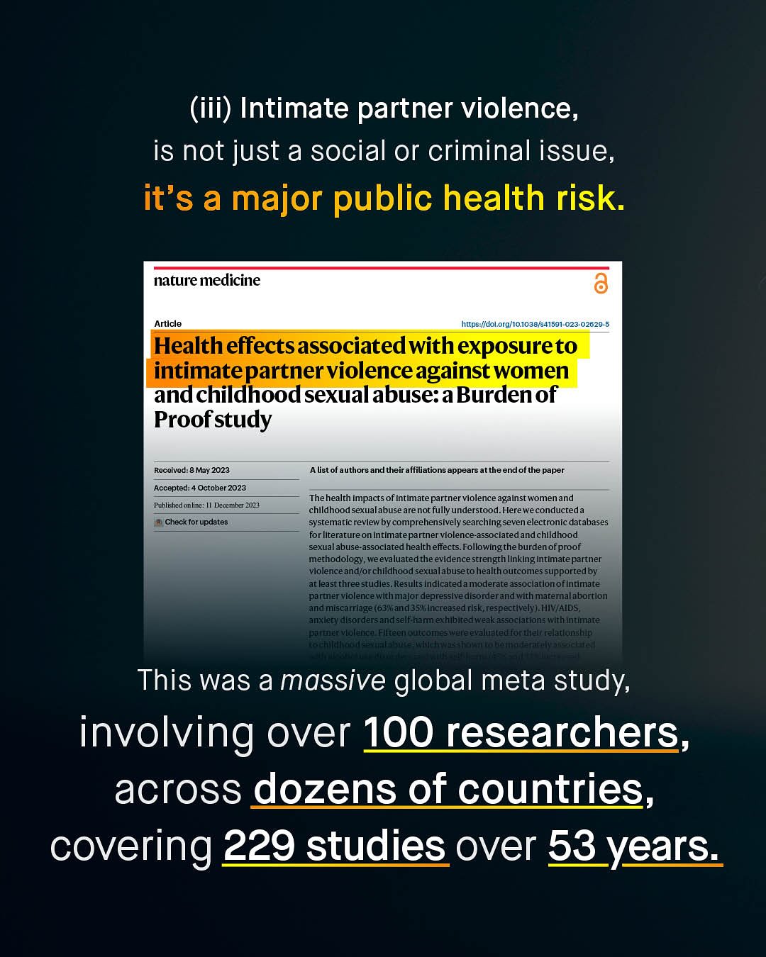 (iii) Intimate partner violence, is not just a social or criminal issue, it's a major public health risk. nature medicine Artlcle https IIdol.org/101038/841591-023-02629 Health effectsassociated with exposureto intimatepartnerviolenceagainst women andchildhood sexualabuse:aBurdenof Proofstudy Recelved: t May 2023 A list of authors and theiraffiliations appears attheendofthe paper Accepted: October 2023 Thehealth Impacts of intimate parrner vlolence agalnst womenand chlldhood sexualabuse arenot fully understood. Hereweconducteda systematic revlew by comprehensively searchingseven electronic databases for literarure on Intimateparrner vlolence-assoclaredand chlldhood sexualabuse-assoclated healtheffects Followingthe burdenof proof methodology; weevaluated the evldence strength linklng Intlmate partner vlolenceand/orchildhood sexualabuseto healthourcomes supporredby aar least three srudies.Results Indlcated amoderate assoclatlonof incimate: parmner vlolencewlthmajor depresslvedisorderand with marernalabortlon and miscarriage (63'"and33k Increased rlsk, respectively). HIVIAIDS, anxlery dlsorders and self-hannexhibired weak assoclarions wirh IntmaTe paruor vlolenco_Fllteen outconles weleevzluatedtor Ueli relatlonshlt cfladliu_uzzeinl hult Vlhto~' '-X0u.|^ Rufa ~~n"Al Publikdonlir:: Dcmbs w3 Check for updates This was a massive global meta study, involving over 100 researchers; across dozens of countries covering 229 studies over 53 years