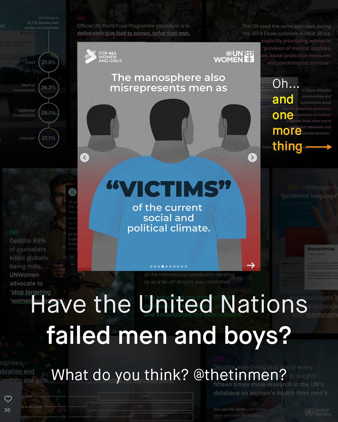 ~HIV Rares in 710,172 Africon Men across slx couniries (Hlt) Oificial UN World Food Programme procedure isto deliberately give food to women rather than men_ Id: The UN used the same approach during the 2014 Ebola outbreak in West Africa explicitly prioritising women In provision Of medlcal supplies FOOMEN QUN 03 are; social protection measures AND GIRLS WOMEN and psychologlcal services" The manosphere also Oh_ misrepresents men as 'In Ebola-affected and coinmuninesand quarantined areas Woman hould te ptforitzod one plovision ot medlenl ppllev; lood care GoGial an meagutes and more Osocial Getvices Grisis thing Intaat 27.390 Gircumetsicn 26.2%0 Traditional 28.1% Clroumicision Unknown 27.1% "VICTIMS" of the current social and political climate: Oi" 1 ~genidered lanquage tntTt (u) Despite 89901 0fjournalists Munsplainlog killed globally being male 00 6 9j0 00 @00 UNWomen of the International community standing advocate t by as a far-off atrocity was committed; "stop targeting "Iomem Courages Have the United Nations larguage nd embdldenedthe @CuTd Hanteruptl failed men and boys? ognises In every bration and What do you think? @thetinmen? rotighly Womenand gis Fifteen LImes more research In the UN"$ ~database on woment& health than men 84 0 FanT 30 1n KfAtitla tetra Halloas #Lee tettitah ACat