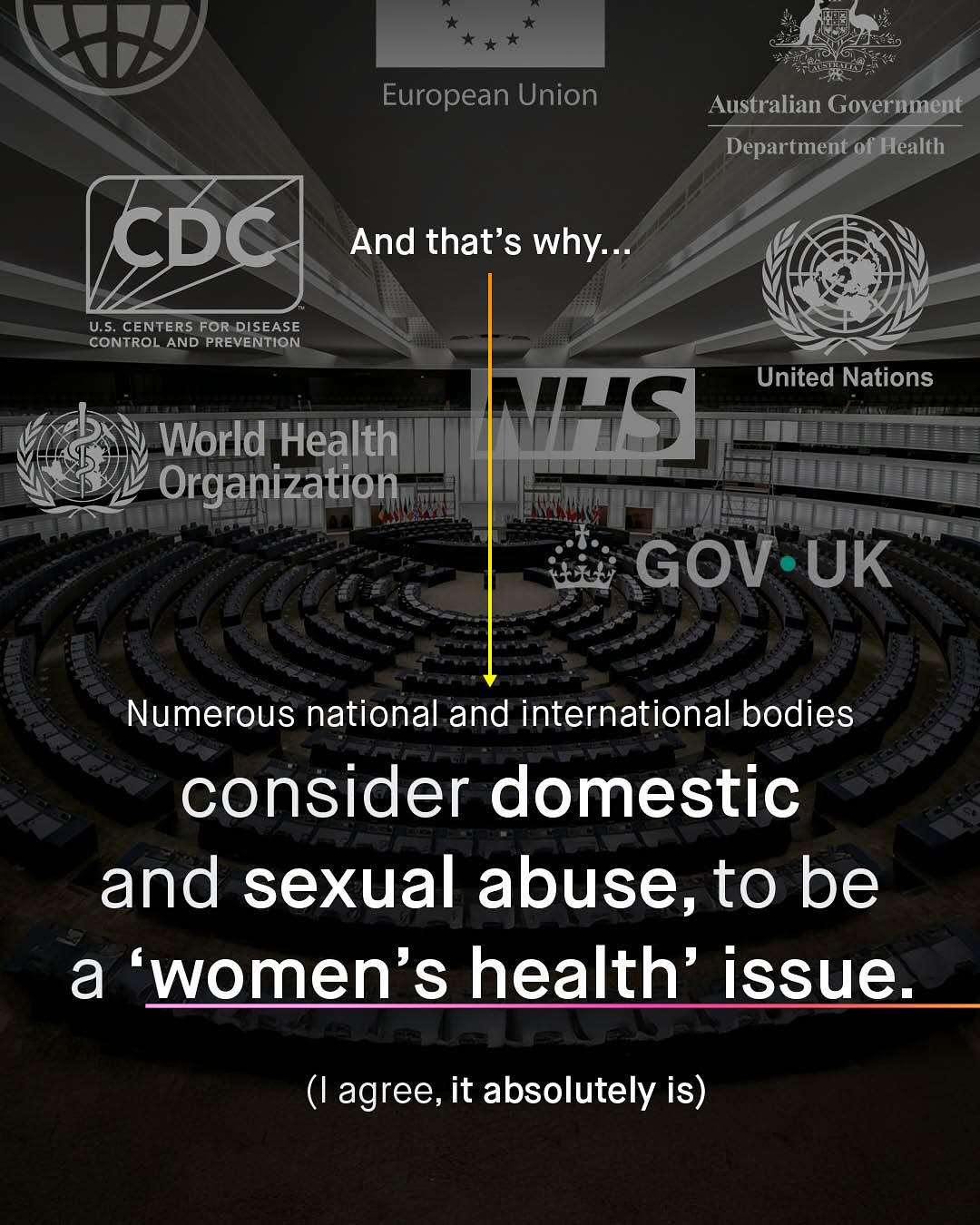 * *** European Union Australian Government Department of Health CDC And that's why: U.5. CENTERS FOR DISEASE CONTROL AND PREVENTION United Nations World Healthf Organization NHS] GOV-UK Numerous national and international bodies consider domestic and sexual abuse,to be a 'women's health' issue (Iagree, it absolutely is)