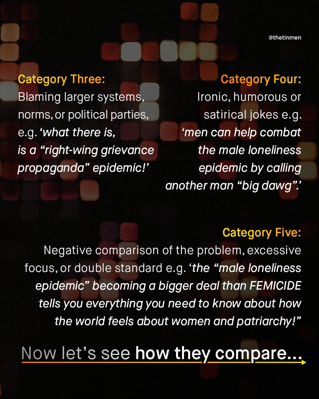 @thetinmen Category Three: Category Four: Blaming larger systems, Ironic, humorous Or norms, or political parties, satirical jokes e.g: e.g: 'what there is, 'men can help combat is 0 "right-wing grievance the male loneliness propaganda" epidemicl' epidemic by calling another man "big dawg Category Five: Negative comparison of the problem; excessive focus, or double standard e.g: 'the "male loneliness epidemic" becoming @ bigger deal than FEMICIDE tells you everything you need to know about how the world feels about women and patriarchyl" Now let's see how they compare .