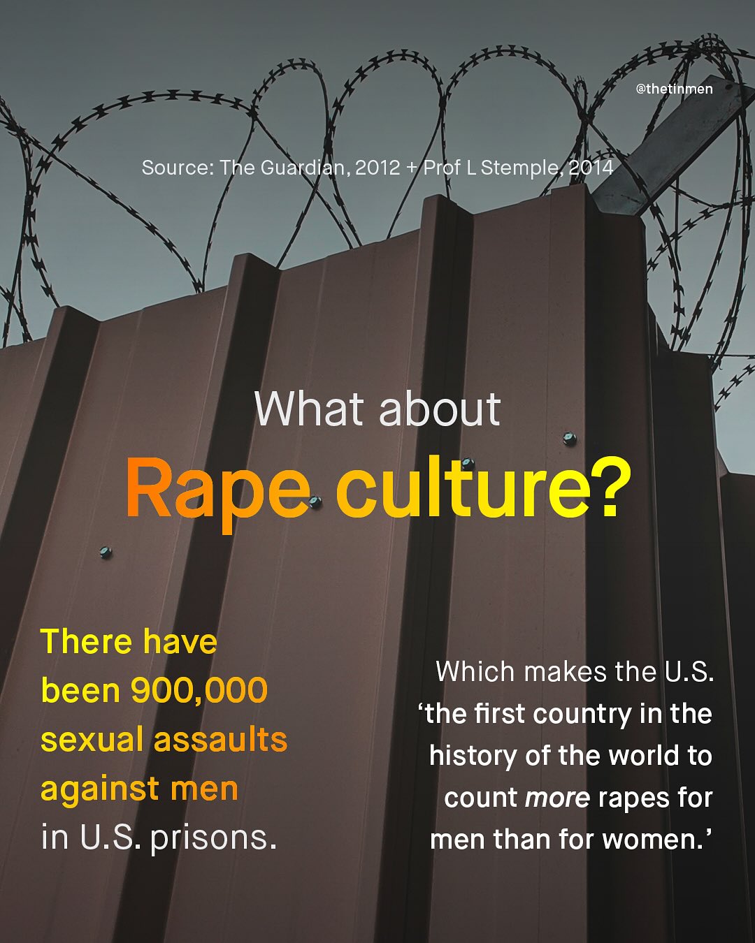 @thetinmen Source: The Guardian,2012 +/Prof L Stemple/2014 What about Rape culture? There have been 900,000 sexual assaults against men in U.S: prisons: Which makes the U.S: 'the first country in the history of the world to count more rapes for men than for women: 4*XX