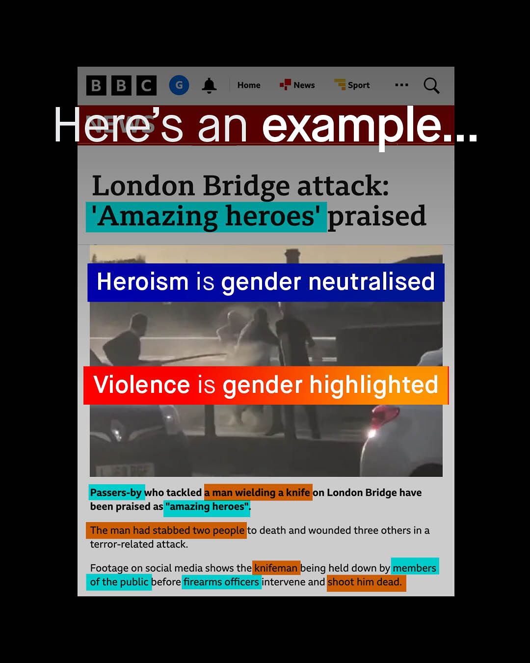 B Home News Sport Here's an example _ London Bridge attack: 'Amazing heroes' praised Heroism is gender neutralised Violence is gender highlighted Passers-by who tackled man wielding a knife on London Bridge have been praised as "amazing heroes' The man had stabbed two people to death and wounded three others in a terror-related attack: Footage on social media shows the knifeman being held down by members of the public before firearms officers intervene and shoot him dead:
