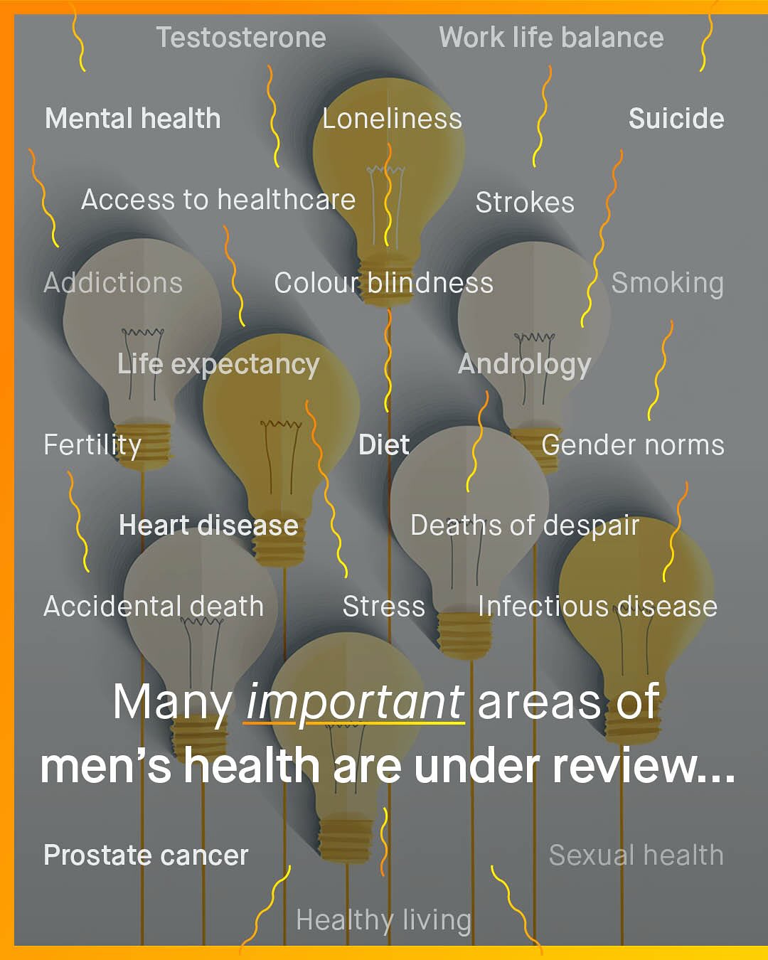 Testosterone Work life balance Mental health Loneliness Suicide Access to healthcare Strokes Addictions Colour blindness Smoking IW Life expectancy Andrology Fertility Diet Gender norms Heart disease Deaths of despair Accidental death Stress Infectious disease Many important areas of men's health are under review__. Prostate cancer Sexual health Healthy living