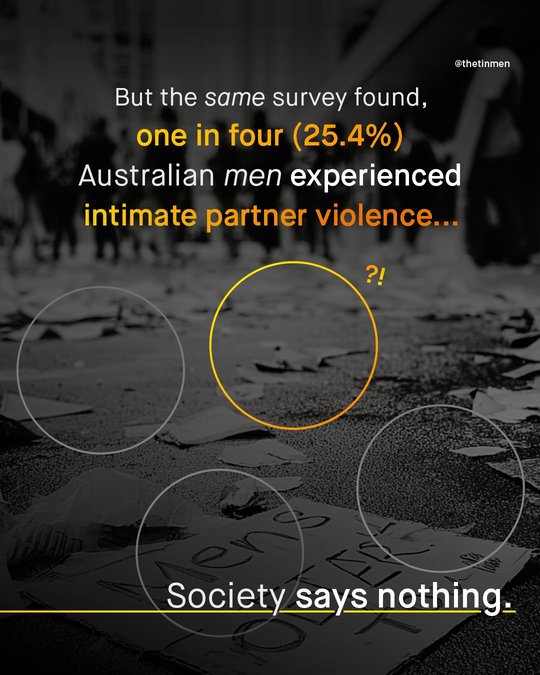 @thetinmen But the same survey found, one in four (25.4%) Australian men experienced intimate partner violence . 2! Society says nothing: