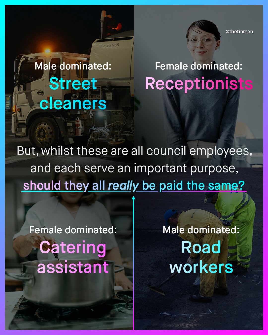 @thetinmen Keowa V6s Male dominated: Street cleaners Female dominated: Receptionis& But, whilst these are all council employees, and each serve an important purpose, should they_ all really be paid the same? Female dominated: Catering assistant Male dominated: Road workers