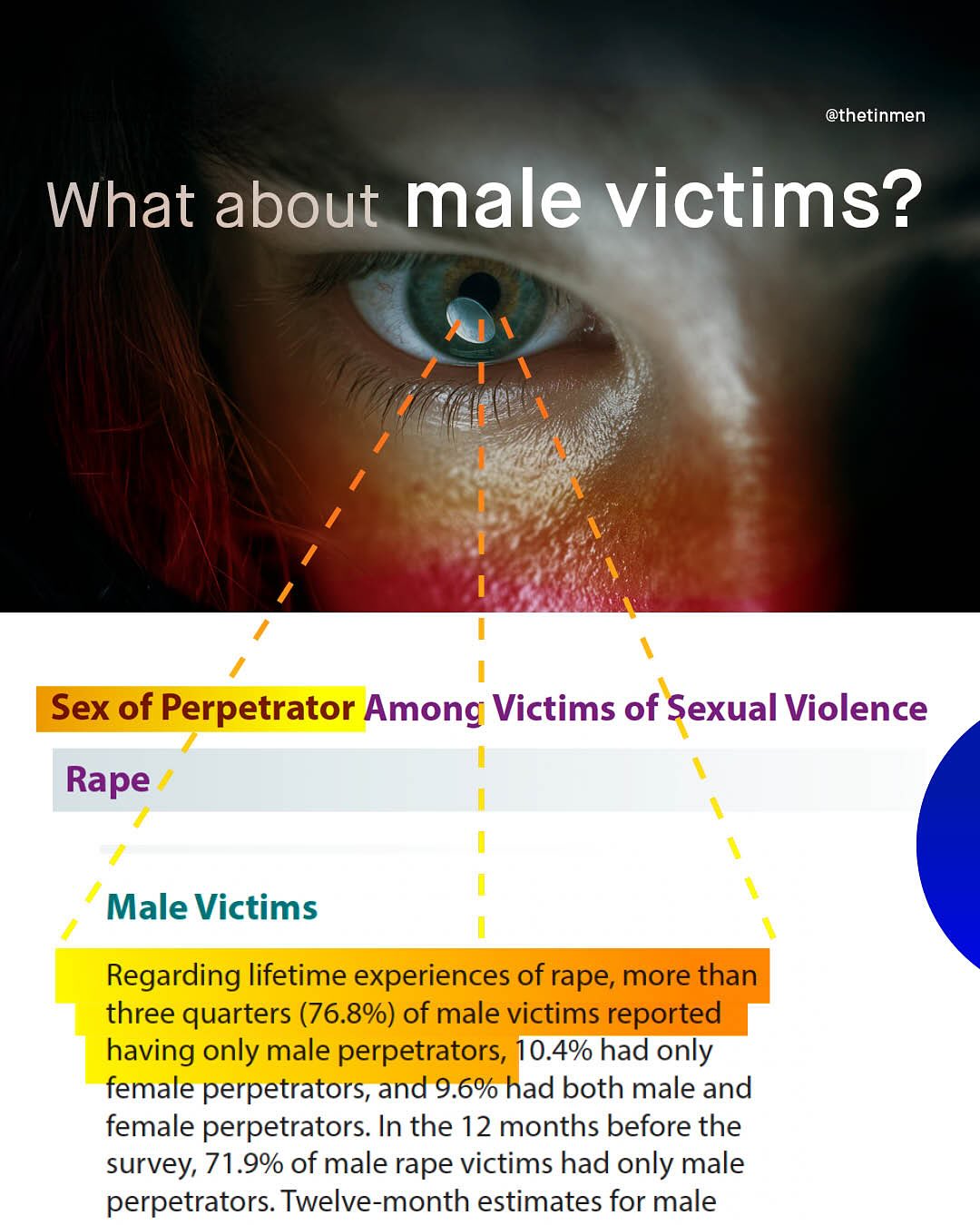 @thetinmen What about male victims? Sex of Perpetrator Among Victims of Sexual Violence Rape Male Victims Regarding lifetime experiences of rape, more than three quarters (76.8%) of male victims reported having only male perpetrators, 10.4% had only female perpetrators, and 9.6% had both male and female perpetrators. In the 12 months before the survey; 71.9% of male rape victims had only male perpetrators. Twelve-month estimates for male