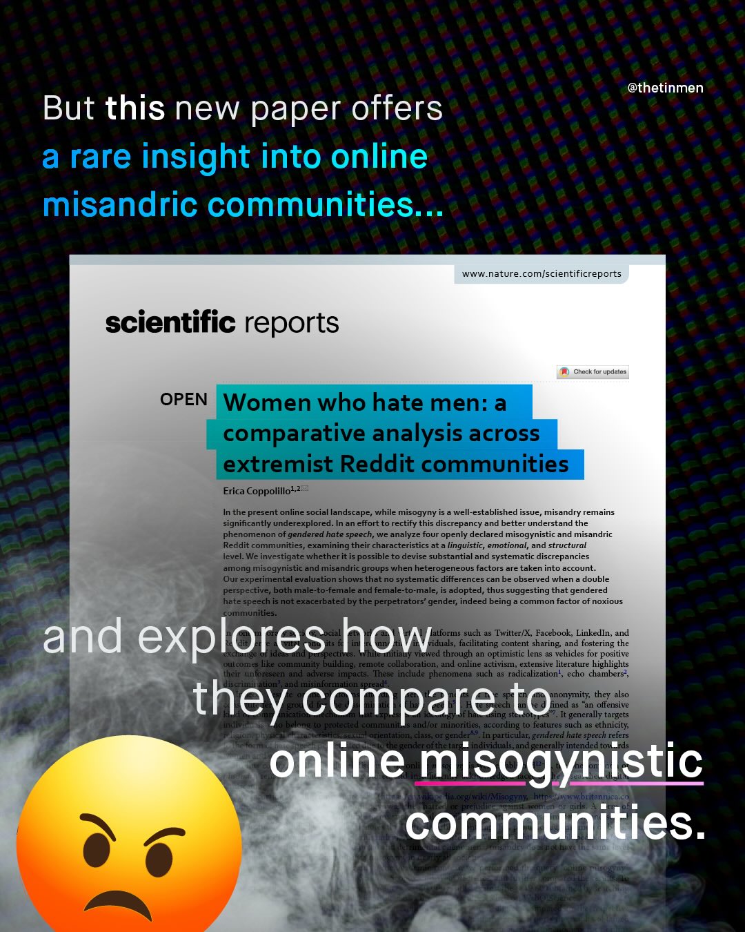 @thetinmen But this new paper offers a rare insight into online misandric communities_ Uvvy nature_ comlscientificreports scientific reports Chock Ior updalos OPEN Women who hate men: a comparative analysis across extremist Reddit communities Erica Coppolillol,2a In the present online social landscape_ while misogyny is a well-established issue, misandry remains significantly underexplored: In an effort to rectify this discrepancy and better understand the phenomenon of gendered hate speech, we analyze four openly declared misogynistic and misandric Reddit communities, examining their characteristics at linguistic, emotional, and structural level: We investigate whether it is possible to devise substantial and systematic discrepancies among misogynistic and misandric groups when heterogeneous factors are taken into account: Our experimental evaluation shows that no systematic differences can be observed when double perspective, both male-to-female and female-to-male, is adopted, thus suggesting that gendered hate speech is not exacerbated by the perpetrators' gender; indeed being common factor of noxious communities and explores how hatota acichating voncent sFaccbookdLiokeeting tnd through an optimistic lens as vehicles for positive Dufcomes like: community building; Vareantalt collaboration; and online activism, extensive literature highlights their unforeseen and adverse impacts. These-include phenomena such radicalization echo chambers? , they compare to Ineqyaity tbifensise generally targets nntnolalaies according to features such as ethnicity; tation, class gender In particulat gendered hate speech refers online misogynistic communities.