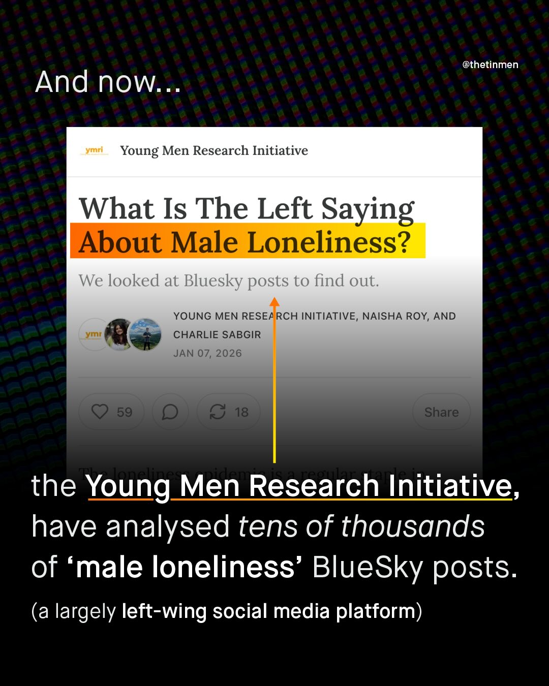 @thetinmen And now: ymri Young Men Research Initiative What Is The Left Saying About Male Loneliness? We looked at Bluesky posts to find out: YOUNG MEN RESEA RCH INITIATIVE, NAISHA ROY, AND ymi CHARLIE SABGIR JAN 07, 2026 59 8 18 Share the Young Men Research Initiative; have analysed tens of thousands of 'male loneliness' BlueSky posts: (a largely left-wing social media platform)