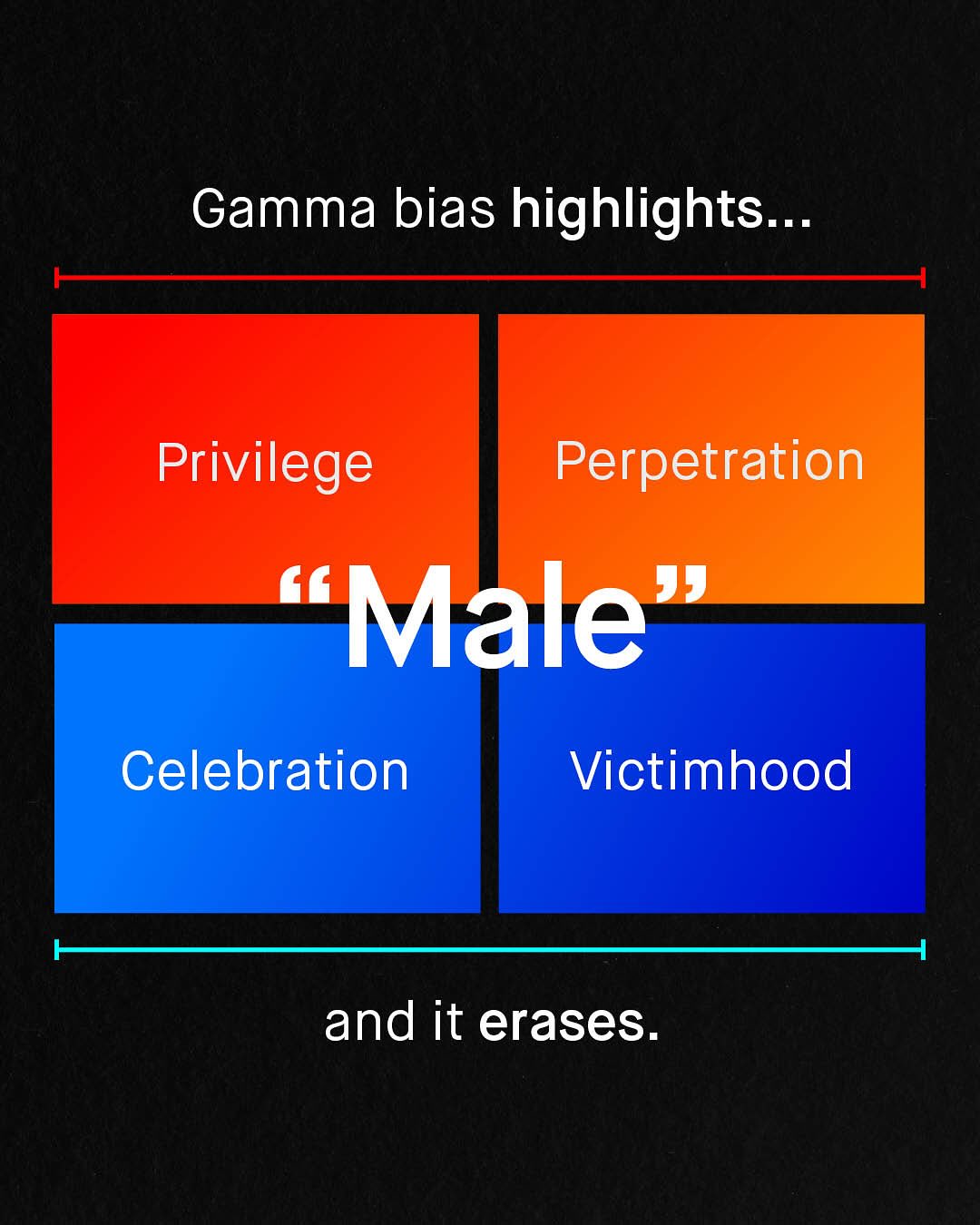 Gamma bias highlights _. Privilege Perpetration Male J9 Celebration Victimhood and it erases.