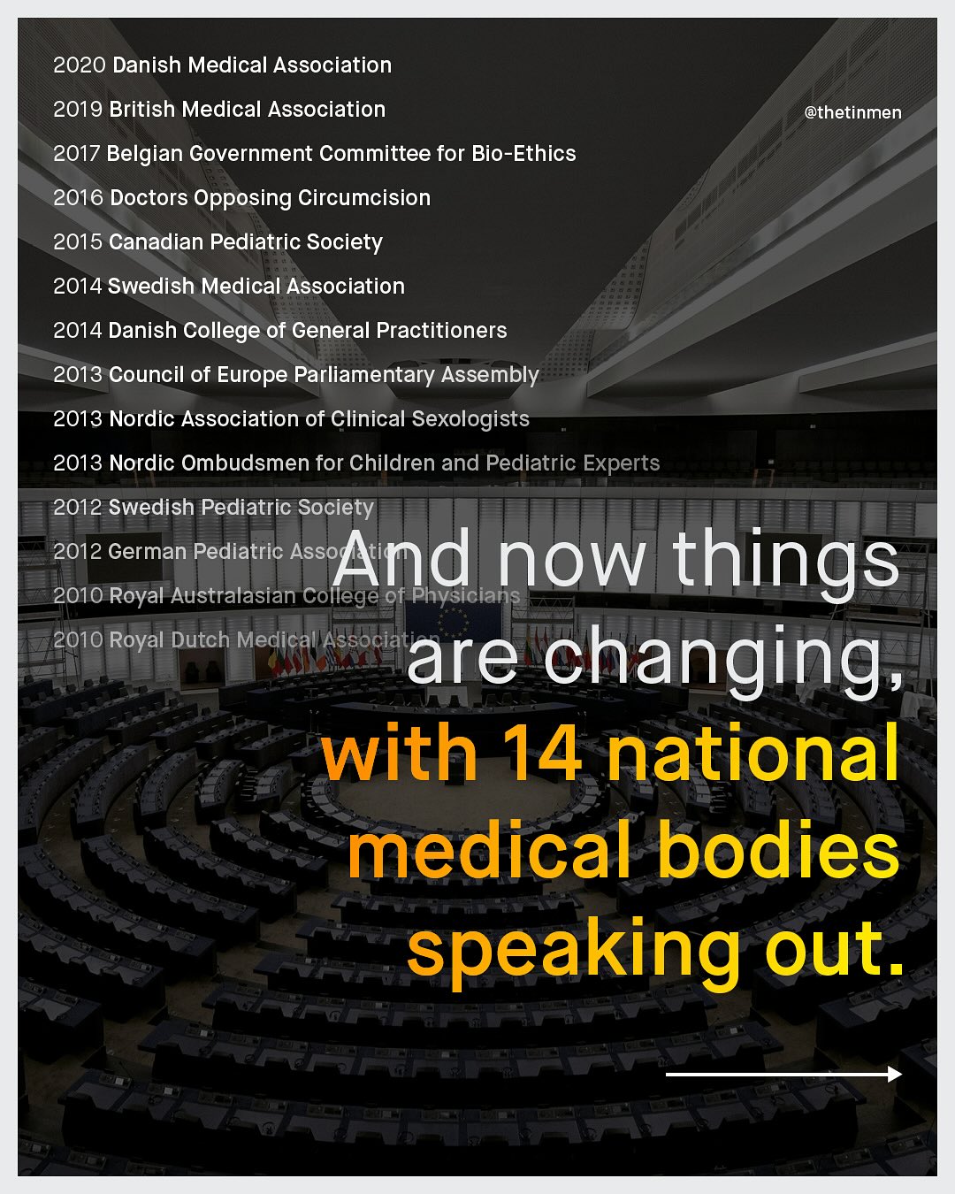 2020 Danish Medical Association 2019 British Medical Association @thetinmen 2017 Belgian Government Committee for Bio-Ethics 2016 Doctors Opposing Circumcision 2015 Canadian Pediatric Society 2014 Swedish Medical Association 2014 Danish College of General Practitioners 2013 Council of Europe Parliamentary Assembly 2013 Nordic Association of Clinical Sexologists 2013 Nordic Ombudsmen for Children and Pediatric Experts 2012 Swedish Pediatric Society 2012 German Pediatric cAnd_ now things 2010 Royal Australasian College of Physicians 2010 Royal Dutch Medical Associate are changing with 14 national medical bodies speaking out.