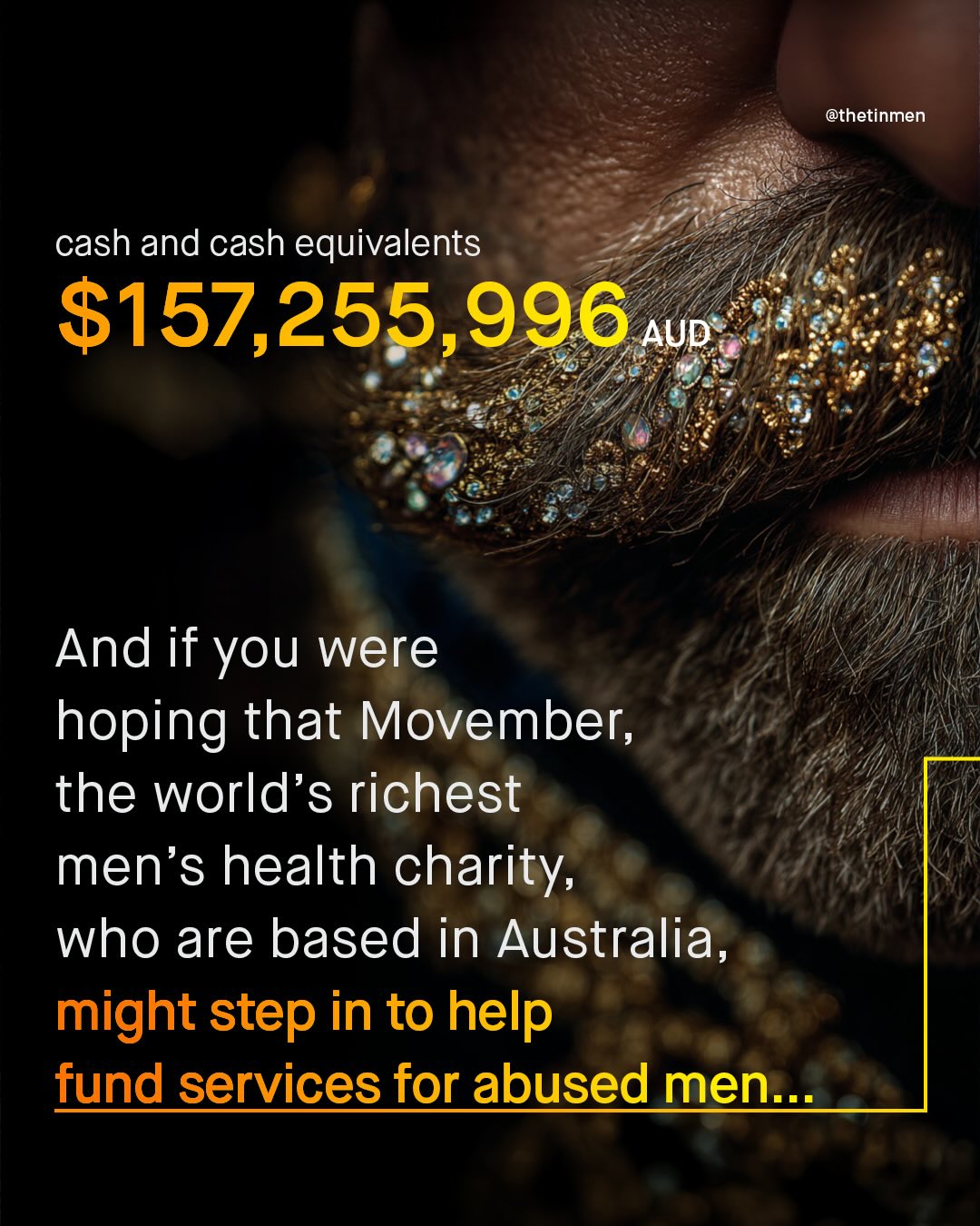@thetinmen cash and cash equivalents S157,255,996 AUD And if you were hoping that Movember; the world's richest men's health charity; who are based in Australia, might step in to help fund services for abused men